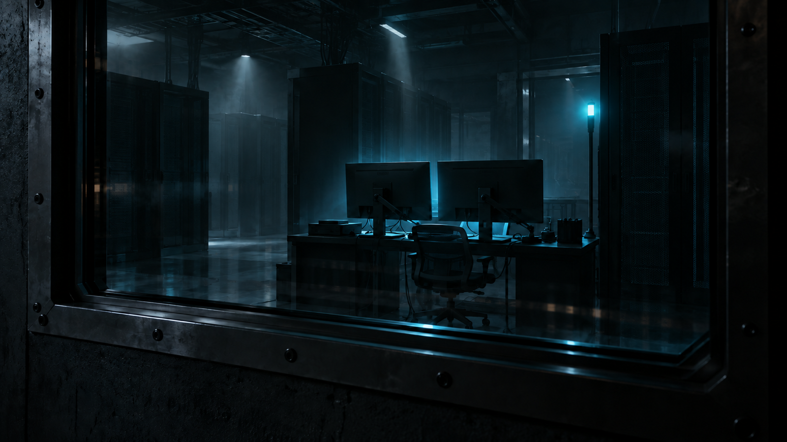 A workstation behind reinforced glass, screens facing away, nobody in the chair.