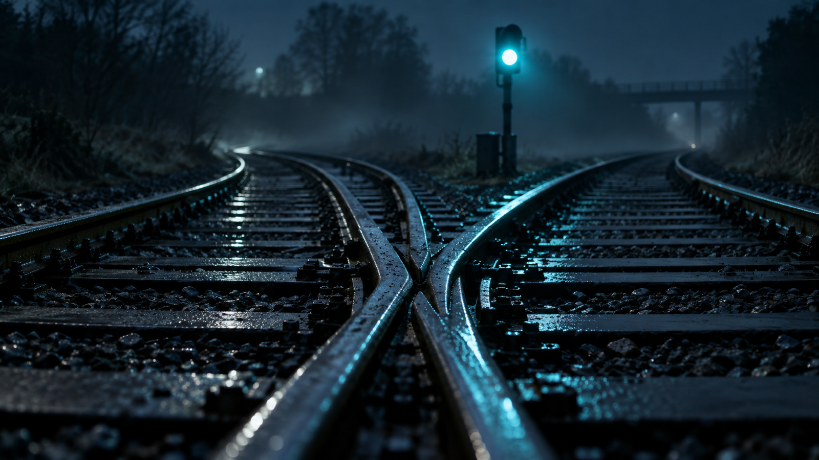 A railway line splitting into two at a set of points, lit by a single cyan signal. One fast decision about which way to go.